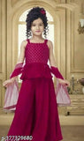 Kids polyester Anarkali palazzos set with embroidered sleeveless top and dupatta, Indian traditional clothing for 2-13 year old girls