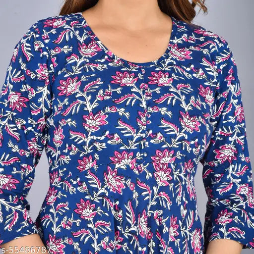 Blue Rayon A-Line Round Neck Bell Sleeves Kurta, printed combo for women's casual traditional wear (India)