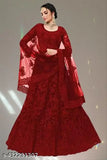 Red embroidered net wedding lehenga choli and dupatta, semi-stitched Indian bridal attire (44in waist, 42in length)