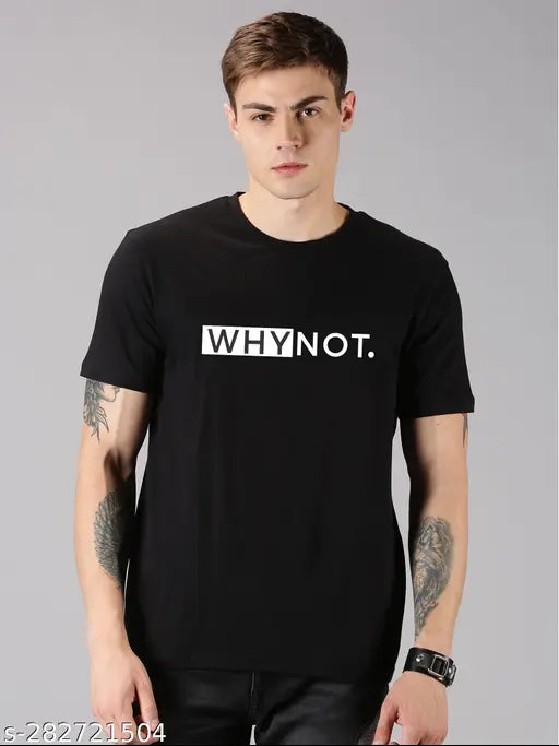Black printed cotton round-sleeved men's t-shirt, soft & breathable, India origin