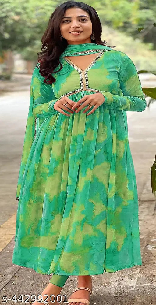 Georgette floral print Anarkali kurta set with dupatta, women's long gown in yellow, black, bottle green, and purple, embroidered Indian wear for parties or weddings