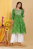 Radha Rani printed cotton and rayon bandhej chundri kurti set with palazzos, beautiful Jaipuri embroidery on yoke