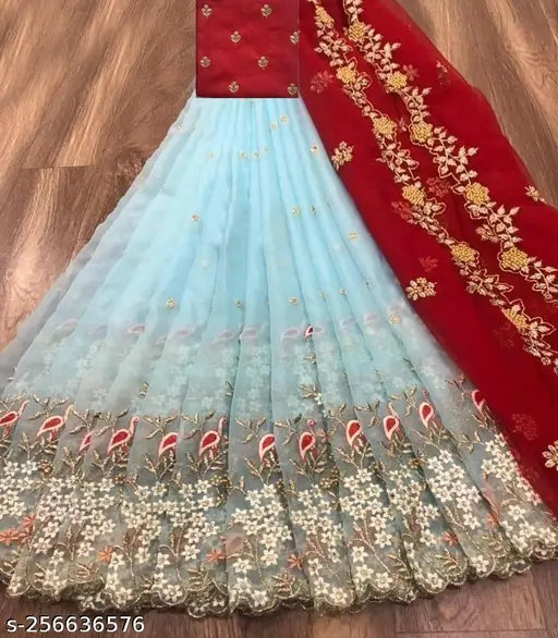 Silk and net embroidered Lehenga with heavy multi-thread work, semi-stitched and cut work border. Indian traditional wear for sizes up to 44 inches