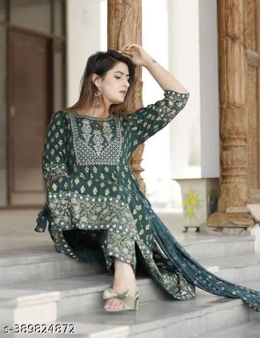 Rayon embroidered Anarkali Kurta pant set with dupatta, Indian women's fashion for special occasions