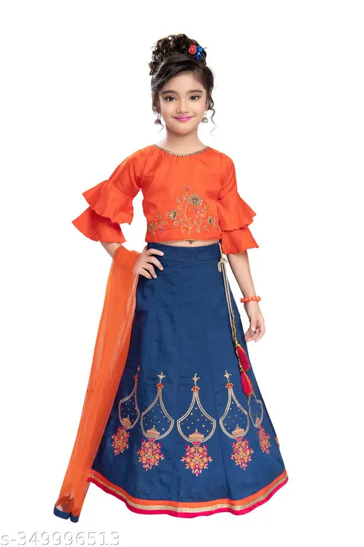 Soft silk embroidered lehenga choli set with super net dupatta, size range from 6-14 years, Indian traditional wear for children's weddings