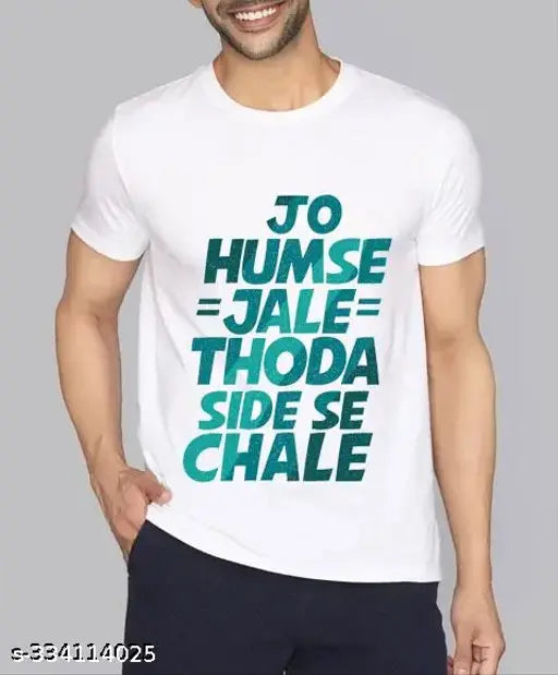 Polyester printed t-shirt with "Jo Humse Jale Thoda Side Se Chale" graphic design, short sleeves, available in S, M, L, XL, XXL. Indian men's fashion