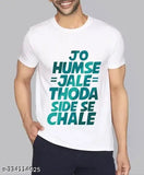 Polyester printed t-shirt with "Jo Humse Jale Thoda Side Se Chale" graphic design, short sleeves, available in S, M, L, XL, XXL. Indian men's fashion