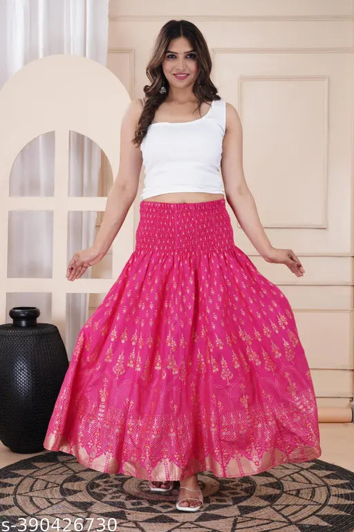 Rayon printed net skirt for women, vibrant design with a waist size of 28 inches and length size of 39 inches, from India