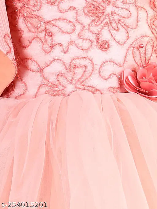 Peach embellished net hilow dress, short sleeves for kids 1-2 years, India-made party wear