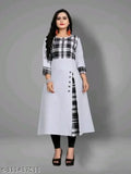 Grey-black check print cotton blend kurti for women, three-quarter sleeves, ideal for parties or outings. Illustration may differ slightly from actual product. Cotton kurti design with lovely cuts and patterns
