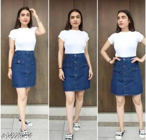 Blue denim skirt for women, solid pattern, size 26 (waist 26in, length 19in), trendy Western style, made in India