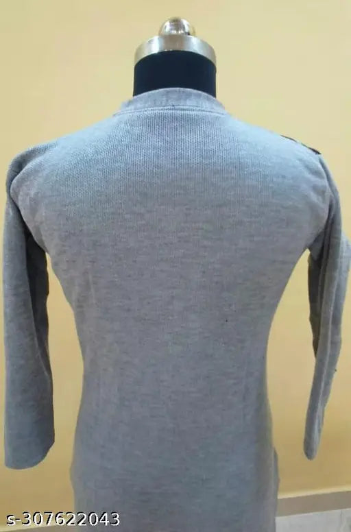 Woolen gray-black printed kurti with three-quarter sleeves, Indian traditional wear for women