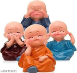 Multicolor DVM baby monk Buddha set (4pc), resin figurines for living room, office, or car decoration