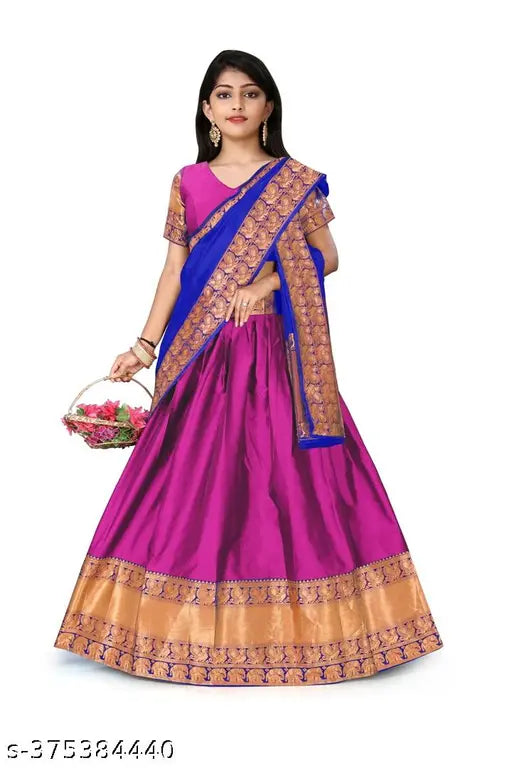 South Indian Art Silk Lehenga Choli, unstitched with Zari patterns, suitable for ages 12-16 and free size. Solid blouse, chanderi cotton lehenga, and chanderi silk dupatta. Pair with heels or flats for a stunning look. 490g, dry clean only. Origin: India