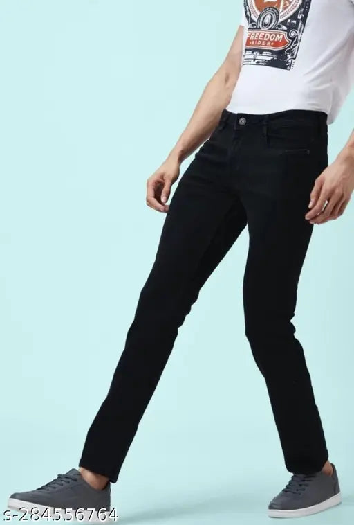 Black cotton plain jeans for men, solid design, various sizes available from 28-36 inches