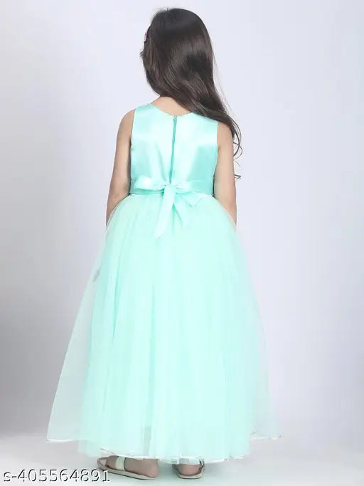 Sea green embroidered net party dress for kids, ages 1-12, featuring toy balloon print
