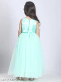 Sea green embroidered net party dress for kids, ages 1-12, featuring toy balloon print