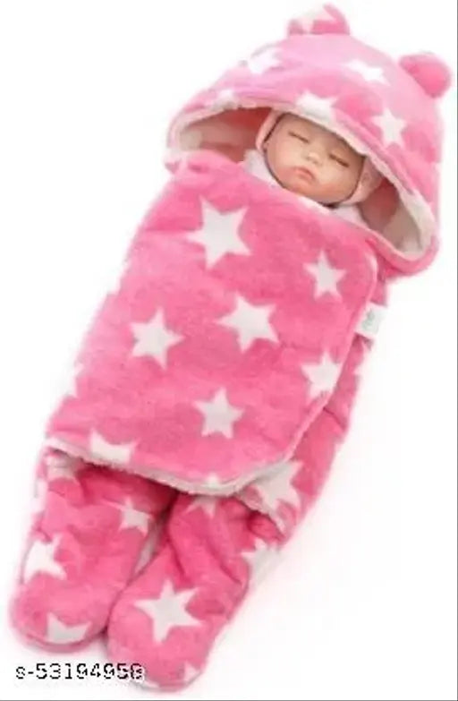 Soft fleece pink star printed hooded baby blanket, keeps head warm and safe from wind, dust, cold breeze. Full body cover with welcro converting to bag for secure holding. Ideal for AC rooms, unisex, suitable for 0-6 months old babies. Country of origin: India