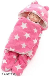 Soft fleece pink star printed hooded baby blanket, keeps head warm and safe from wind, dust, cold breeze. Full body cover with welcro converting to bag for secure holding. Ideal for AC rooms, unisex, suitable for 0-6 months old babies. Country of origin: India