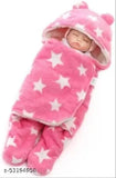 Soft fleece pink star printed hooded baby blanket, keeps head warm and safe from wind, dust, cold breeze. Full body cover with welcro converting to bag for secure holding. Ideal for AC rooms, unisex, suitable for 0-6 months old babies. Country of origin: India