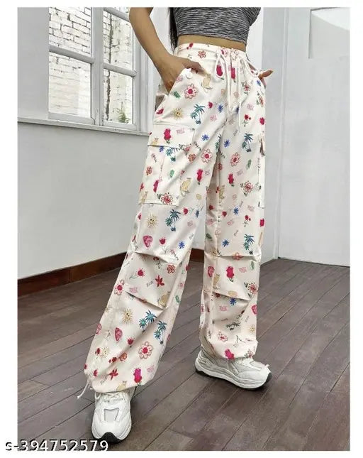 Trendy lycra formal dhoti with printed net pocket pant, women's cream cargo pants from India" (124 characters)