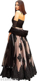 Embroidered black semi-stitched Lehenga Choli set on mannequin, featuring net fabric and intricate Indian embroidery for traditional festive wear