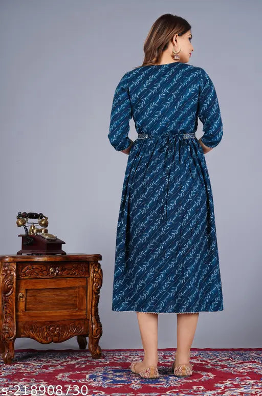 Rayon three-quarter sleeve gowan 001 dress with gold prints, ideal for festivals and parties. Made in India