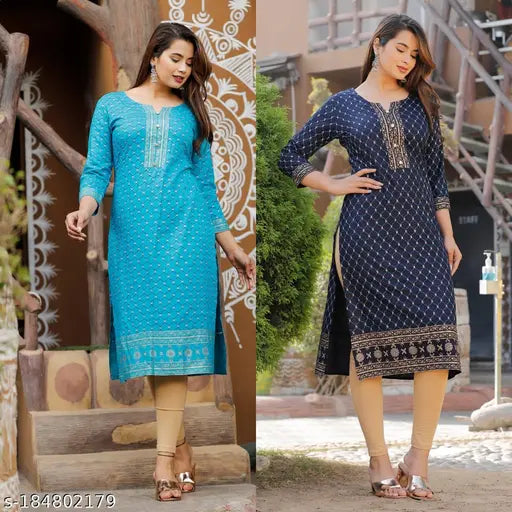 Women's printed rayon straight kurti, kurta combo pack - three-quarter sleeves, embroidered pattern. Rayon formal & casual wear combo in L, XL, XXL sizes. Beautiful solid rayon long kurti for women and girls. Modern design, popular in India. Elegance JAIPUR, spot of world-class fashion for women
