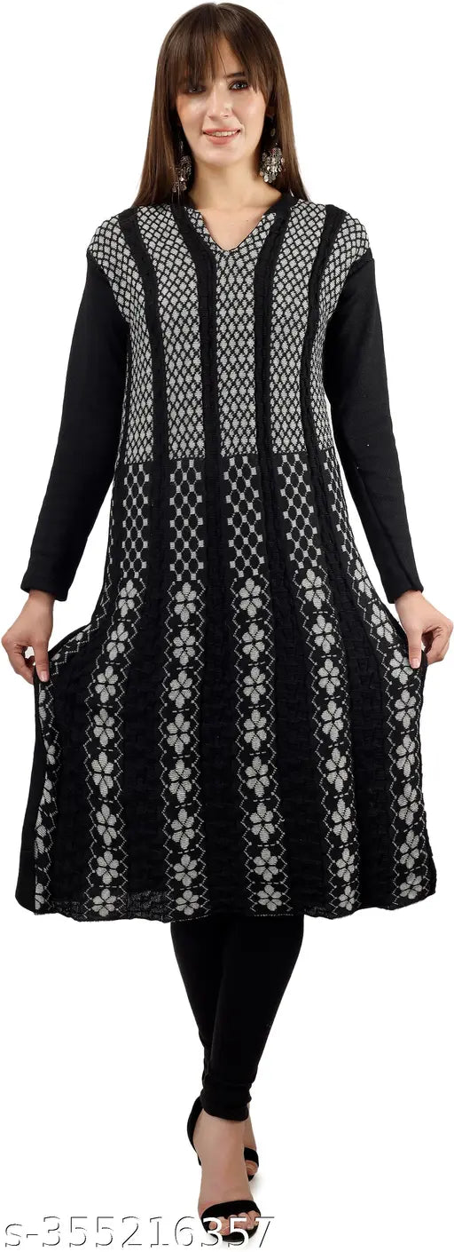 Elegant printed wool A-line Kurta, long sleeves, intricate embroidery. Warm, versatile Indian ethnic wear in size L (36 in bust), XL (38 in bust), XXL (40 in bust)