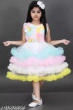 Multicolor net party dress for baby girls, colorblocked fashionable frock with sleeveless design