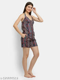 Inaaya crepe nightsuit set, printed net design for women, sleeveless spaghetti top and shorts
