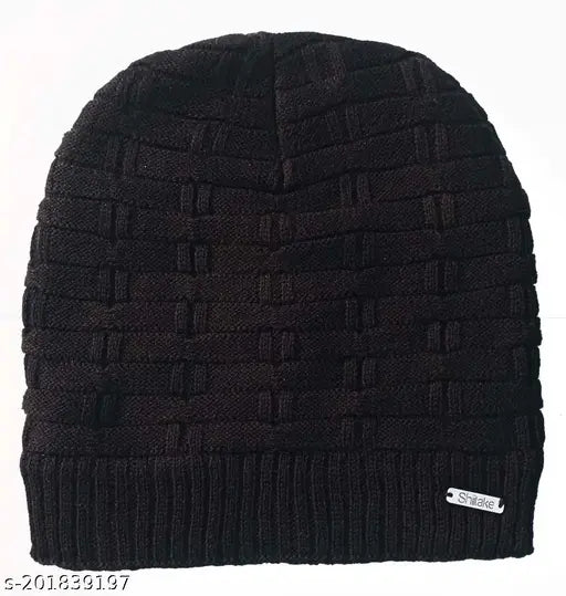 Black cotton winter hat, textured pattern for men and women in onesize, made in India