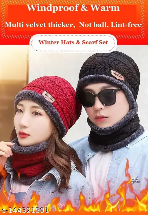 Black wool beanie cap set with neck warmers, snow-proof, fleece-lined for men & women (India)