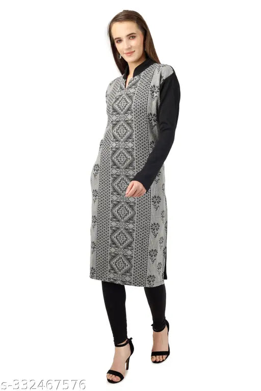 Mandarin grey A-line wool kurti with ethnic motif print, long sleeves for women - BLUSHH COLLECTION on Gillkart