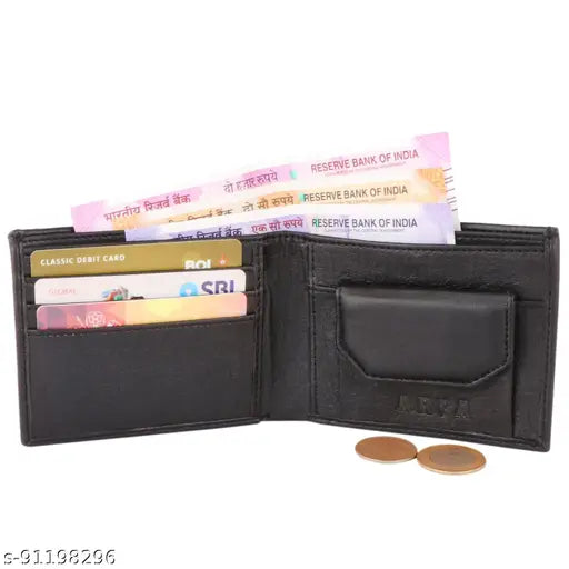 Canvas & leather men's ATM wallet, solid black with 2 compartments, free size (11cm x 9cm), India-made accessory for modern gentlemen