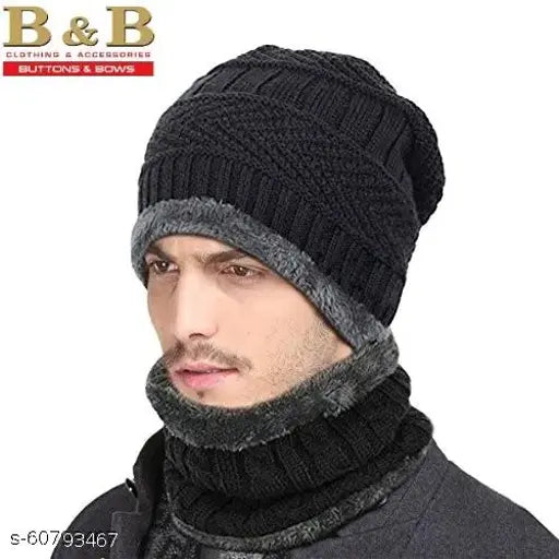 Black woolen checkered beanie cap set with neck warmer and gloves, winter fashion for men and women