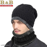 Black woolen checkered beanie cap set with neck warmer and gloves, winter fashion for men and women
