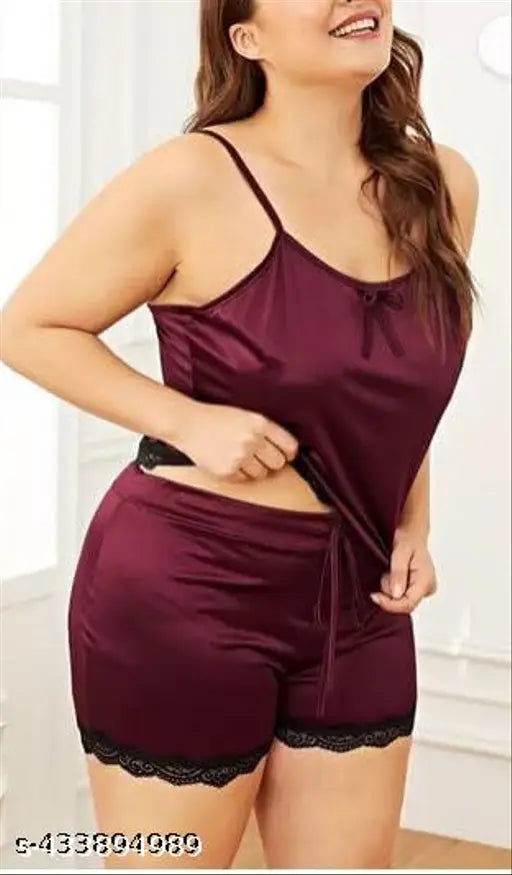 Solid wine red satin LUXELOOM lingerie set for stylish sexy nightwear, women's sexy open night dress on display