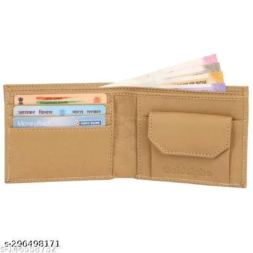 Beige PU leather men's wallet with 12 card slots, solid design, and photo sleeves. Durable for daily use, perfect gift accessory for men