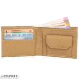 Beige PU leather men's wallet with 12 card slots, solid design, and photo sleeves. Durable for daily use, perfect gift accessory for men