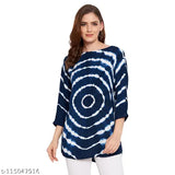 Navy blue and white tie-dye rayon tunic for women, three-quarter sleeves, dyed/washed pattern. S, M, L, XL, XXL sizes available