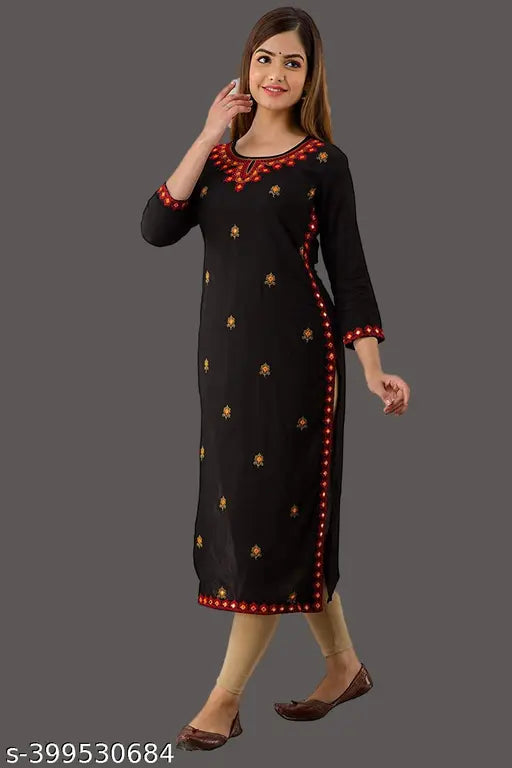 Rayon black solid embroidered kurta, three-quarter sleeves, India-origin women's fashion