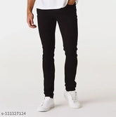Black denim men's slim fit jeans, solid, durable, and affordable for everyday wear (Size 28, 30, 32; Made in India)