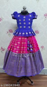 Soft silk lehenga and acrylic dupatta for kids, embellished with floral stitch, perfect for traditional events