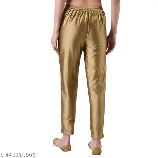 Gold silk trouser for women, solid pattern, party wear, comfortable fit, India origin
