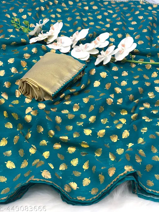 Printed Georgette Chiffon saree, affordable Indian designer saree with Zari Woven Net pattern on display