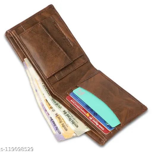 Faux leather men's wallet, latest trendy design with 2 compartments, solid black color, free size (6cm x 6cm), from India