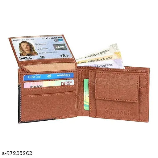 PU leather wallet for men, compact and spacious with 2 compartments, matte green color