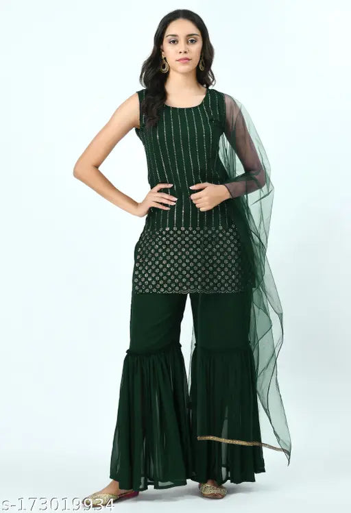Green embroidered mukaish kurti & sharara set with dupatta, women's sleeveless Indian clothing, stitched from India
