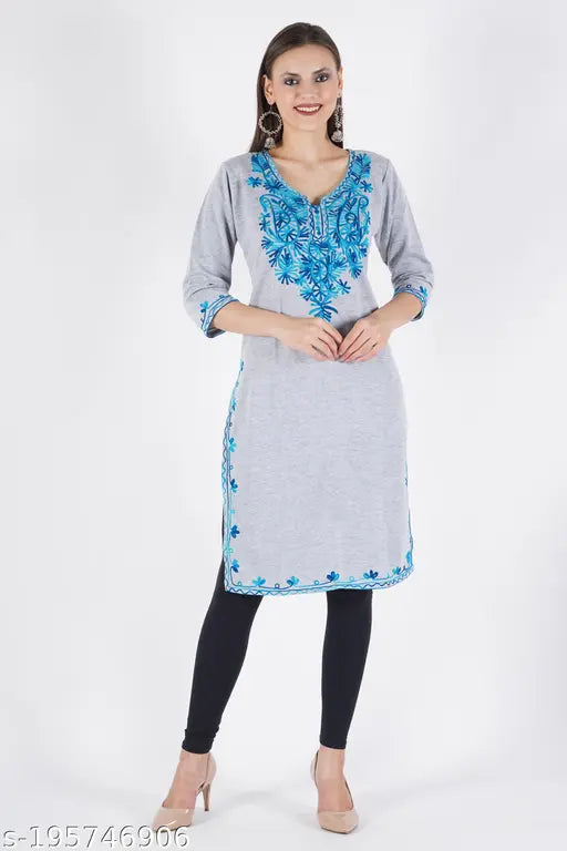 GreyBlue Woolen Kurti with embroidered details, perfect for winter casual or formal wear. Indian handcraft." (124 characters)
